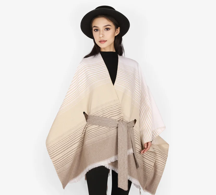 Spring and Autumn minimalist new shawl with women's thickened shawl and high-end cape waist belt striped shawl double-sided