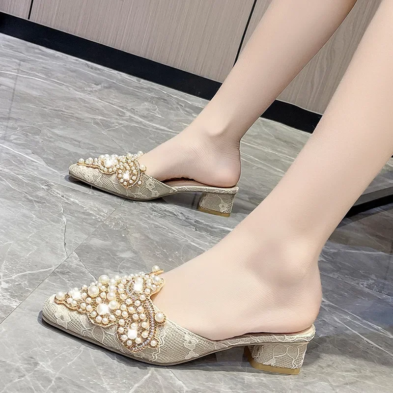 Spring/Autumn Fashion Sexy Women Shoes Elegant String Bead Crystal Patchwork Slip-On 35-42 Thin Heels Slipper NEW 2024