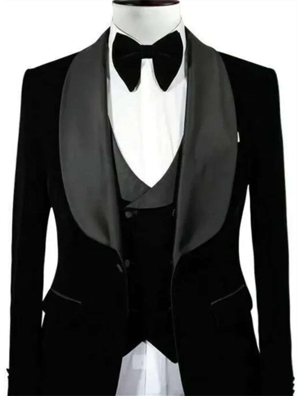 3 Pieces Men\'s Suit Black Velvet Jacket Vest & Black Pants Shawl Lapel Wedding Prom Dinner Banquet Groom Tuxedos