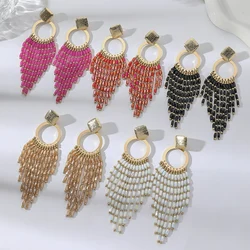 Bohemian Ethnic Crystal Beads Long Tassel Earrings for Women Vintage Elegant Geometric Metal Drop Earrings Handmade Jewelry Gift