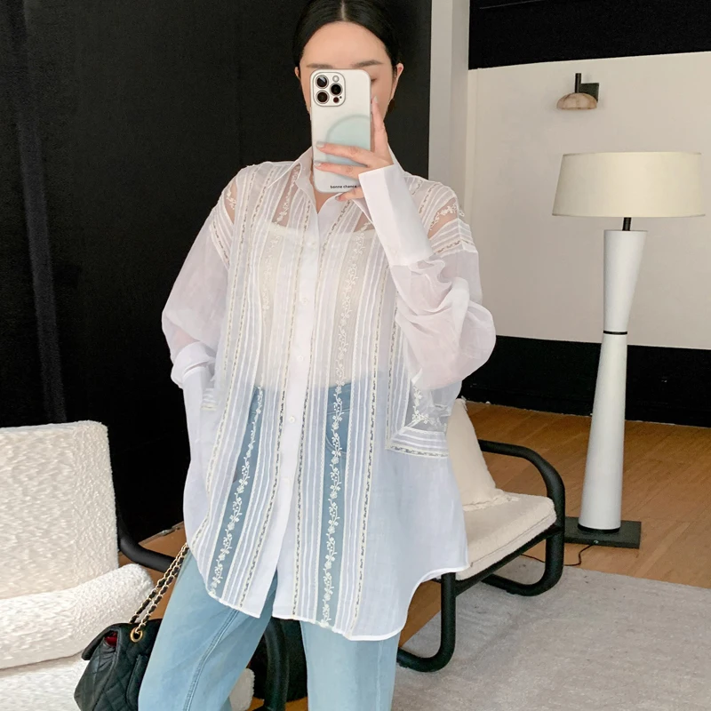 

Handmade Embroidered Silk Long Sleeve Shirt Hollow out Lace Pearl White Silk Women's Fashion Vintage Style Slim Fit ...