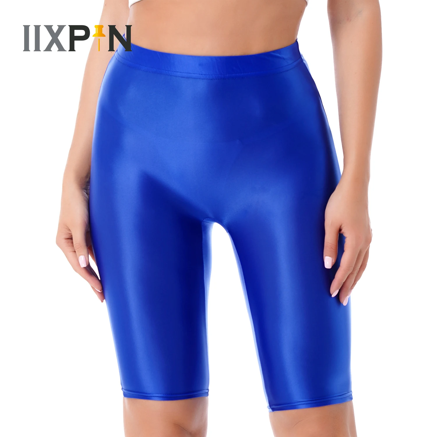 

Womens Wetlook Sexy Shorts Patent Leather High Waist Knee Length Dancing Cycling Shorts Leggings Pants for Night Party Clubwear