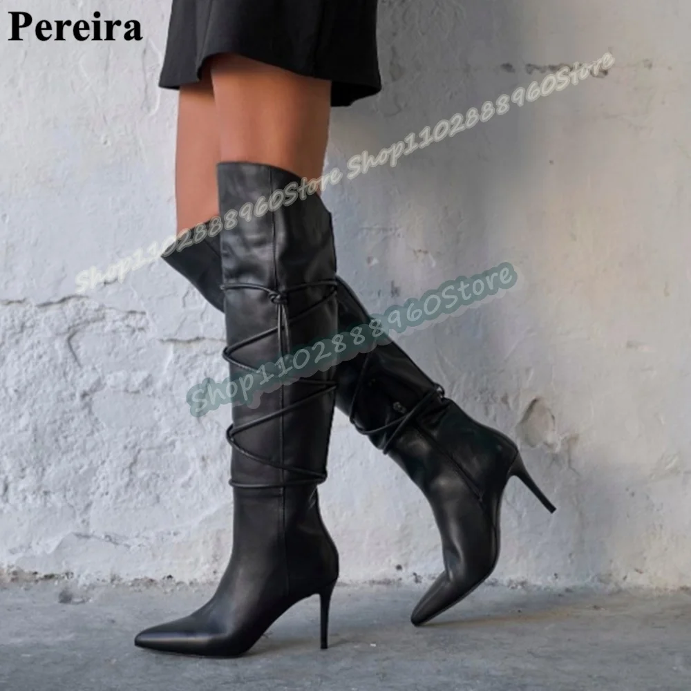 

Knee High Black Leather Beveled Cross Strap Boots Thin High Heel Shoes For Women Side Zipper Pointed Toe Casual Stylish Boots