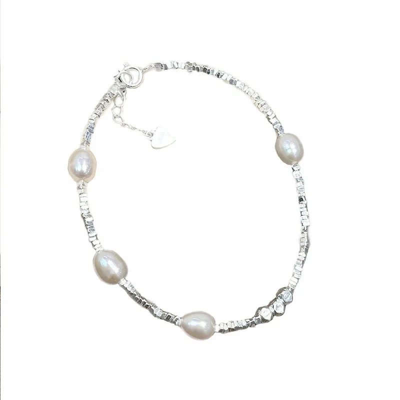 

S925 Sterling Silver Bracelet Women's White Freshwater Pearl Irregular Popular Fashion Jewelry Couple Gift