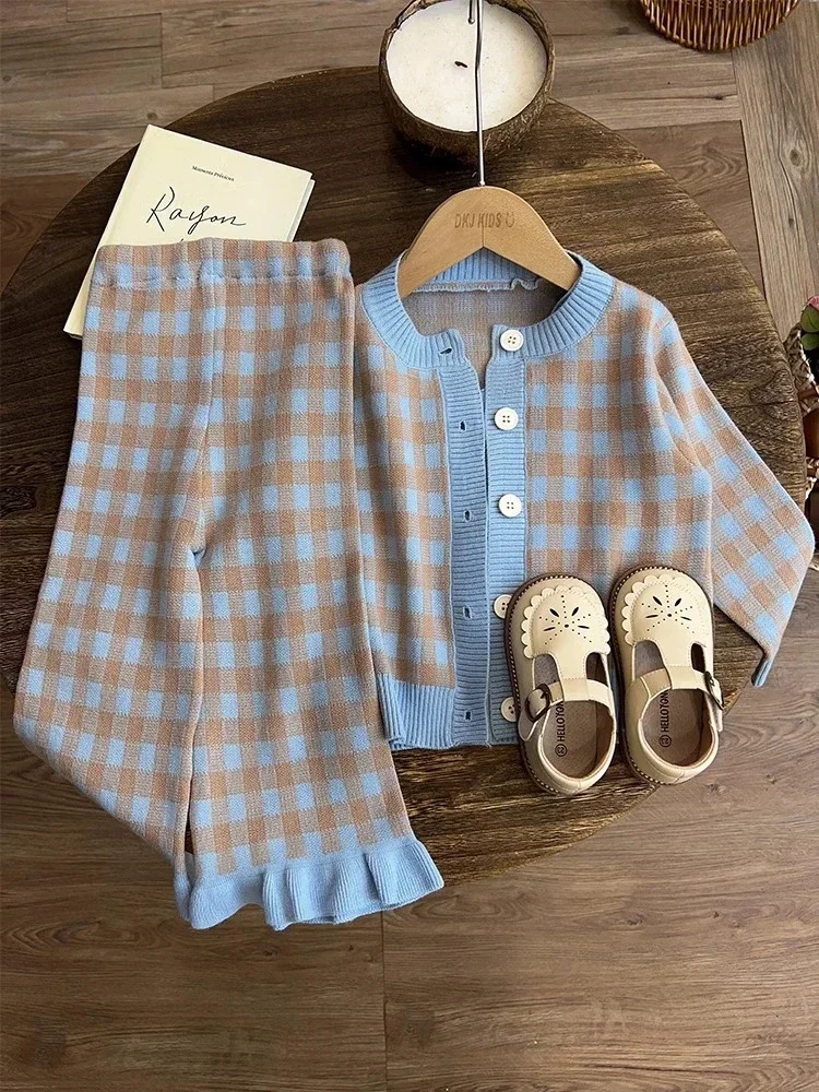 Sweaters Jackets+Vests+pants Kids Children Fashion Clothes 2025 Baby Girls Autumn Winter Clothing Set Knit 3pcs Plaid Suits