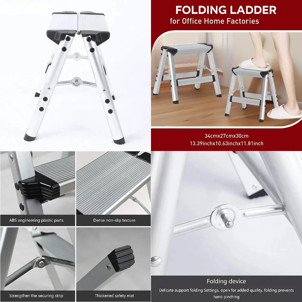 Aluminium Platform 2-Step Folding Ladder Maximum 150KG Load Anti Slip Safety Double-sided with Thick Stairs