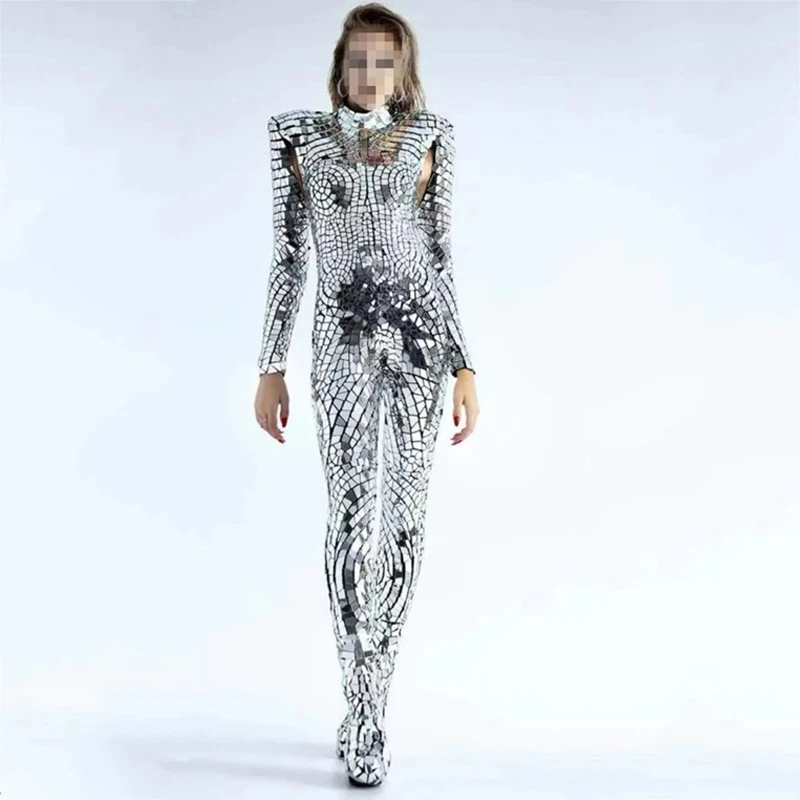 

Bar Silver Jumpsuit Gogo Stage Show Costume Nightclub show Mirror Sequins Jumpsuit Women Lens Bodysuit Pole Dance outfit