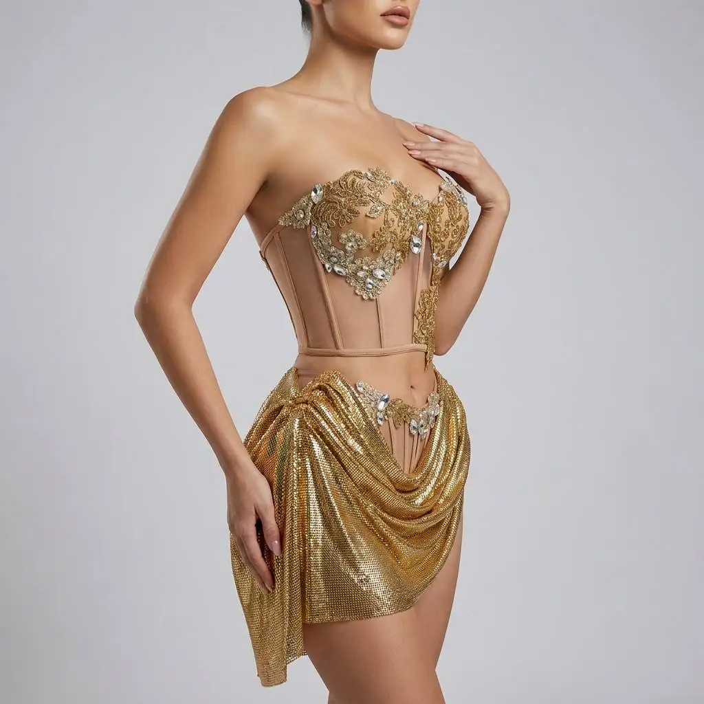 Gold Sequin Crystal Corset Metallic Mesh Draped Skirt Set Stage Performance Costume Women Hand Embroidered Dance Wear Custom