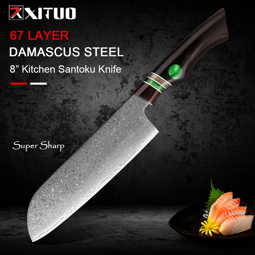 

XITUO Damascus Steel Santoku Knife 7" Comfortable Resin+Ebony Handle Knives Kitchen Chef Cut Sushi Meat Fish Sashimi Fruit Tools