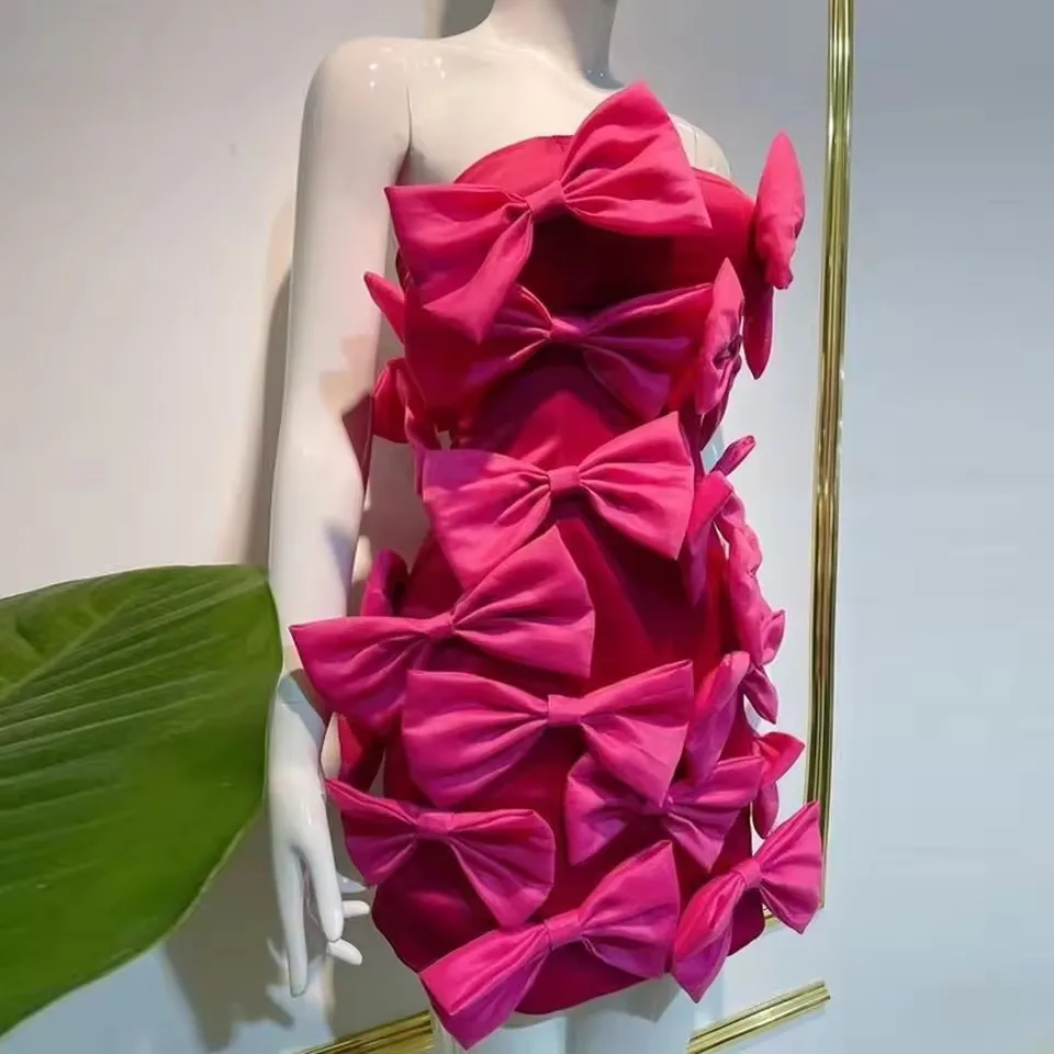 

Strapless Bow Short Birthday Festival Party Dress Fuchsia Cute Bow Women Mini Dresses