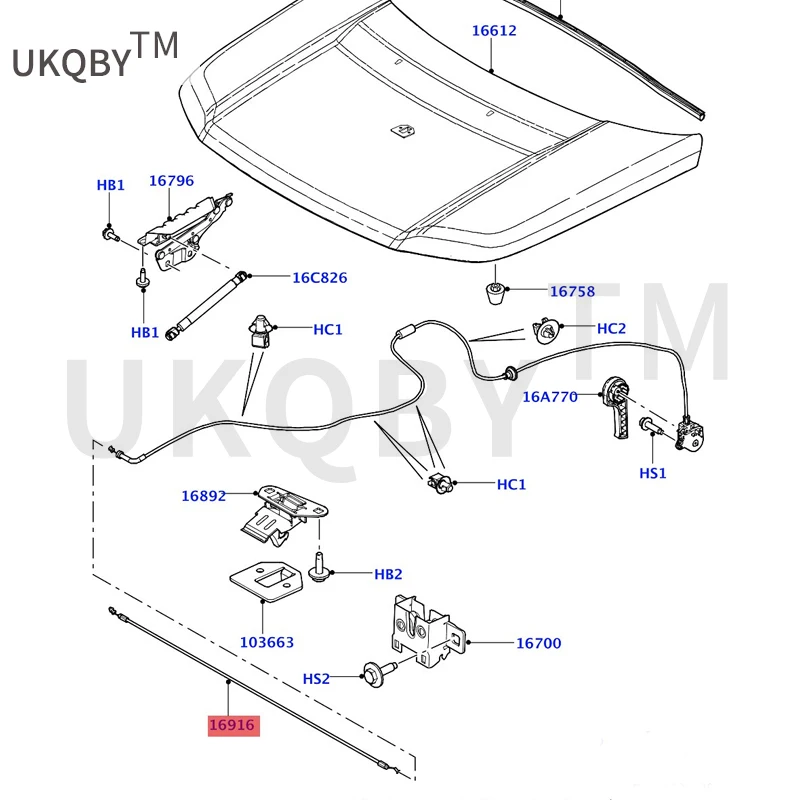 Suitable for La nd Ro ve rG od 2 Hood cable Cable assembly - engine hood control