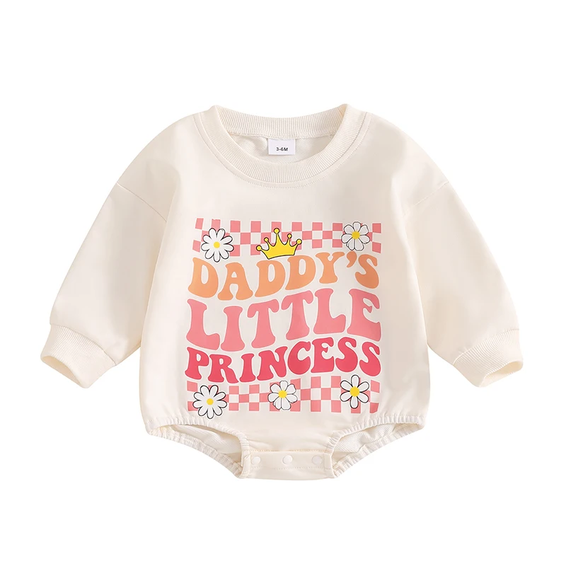 Baby Girl Sweatshirt Romper Crown Letter Print Crew Neck Long Sleeve Jumpsuit for Fall Winter