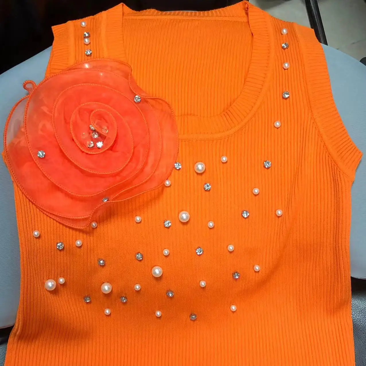 Real Photos 3D Flowers Pearls Diamonds Beaded Tank Top For Women Knitted Camisole Summer 2024 Elastic Top Youthful Woman Clothes