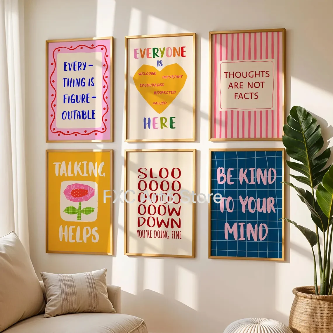 1 pièce – Impression sur toile sans cadre « Fleur rose » – Art mural inspirant « Amour jaune » avec citations sur la santé mentale – Idéal pour chambre d'enfant et maison
