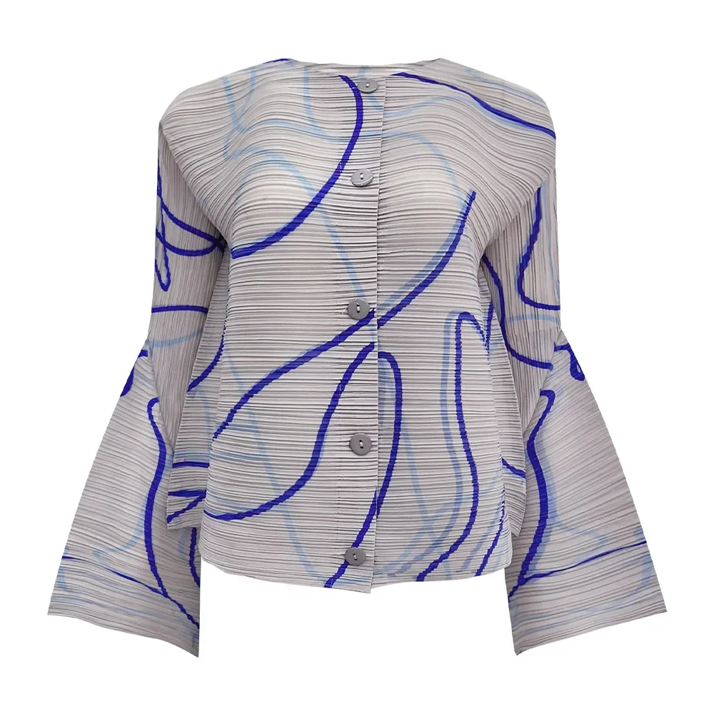 Miyake Pieghettato Primavera e Autunno Nuovo Stile Semplice A Righe Piega Irregolare Camicia Cardigan Stampata Casual Allentato Top a Maniche Lunghe