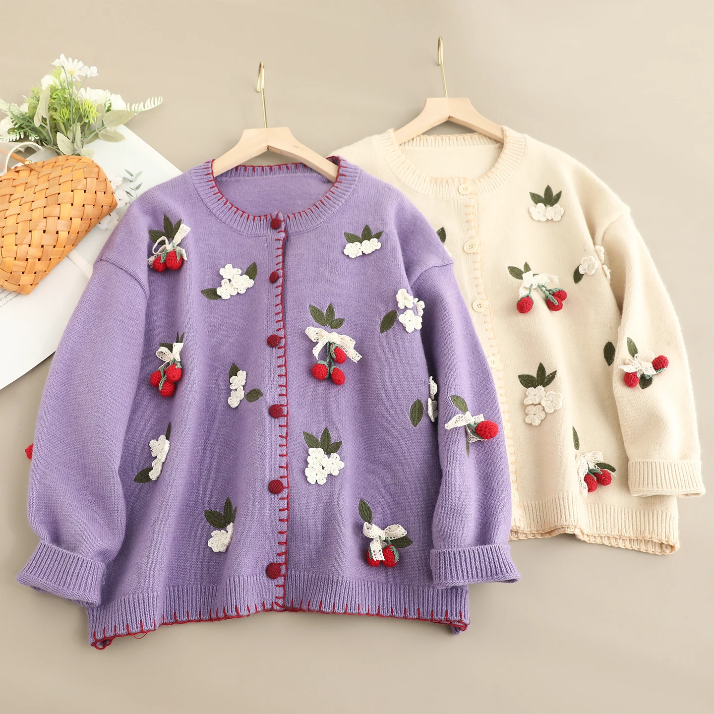 Japanese Sweet Mori Girl Strawberry Flower Embroidery Appliques Knitted Sweater Cardigan Women Long Sleeve Sweater Coat Outwear