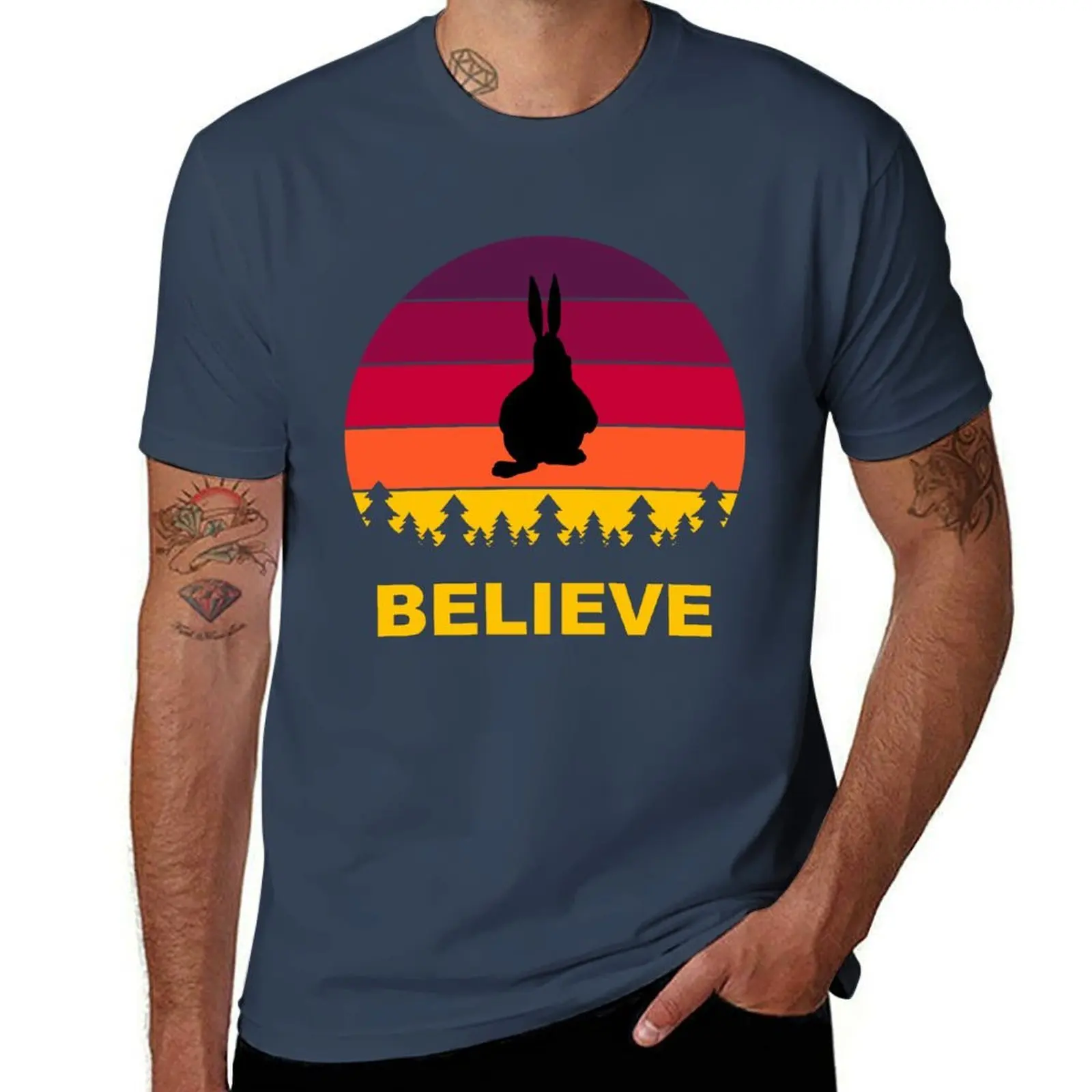 

Believe Big Chungus Shadow Meme Fat Bunny Retro Vintage 70s Sunset bigfoot parody T-Shirt cotton t shirt pack T-Shirt