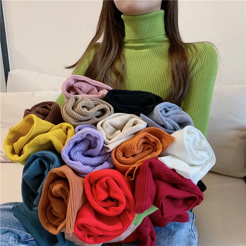 

2025 Women Soft Knitted Pullovers Autumn Winter Turtleneck Sweater Korean Style Basic Solid Color Versatile Sweaters For Women