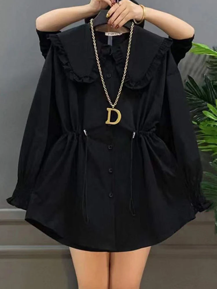 Korean Style Sweet Baby Doll Collar Open Cardigan Jacket Spring New Large Size Women's Drawstring Slim Shirt plus Size Top