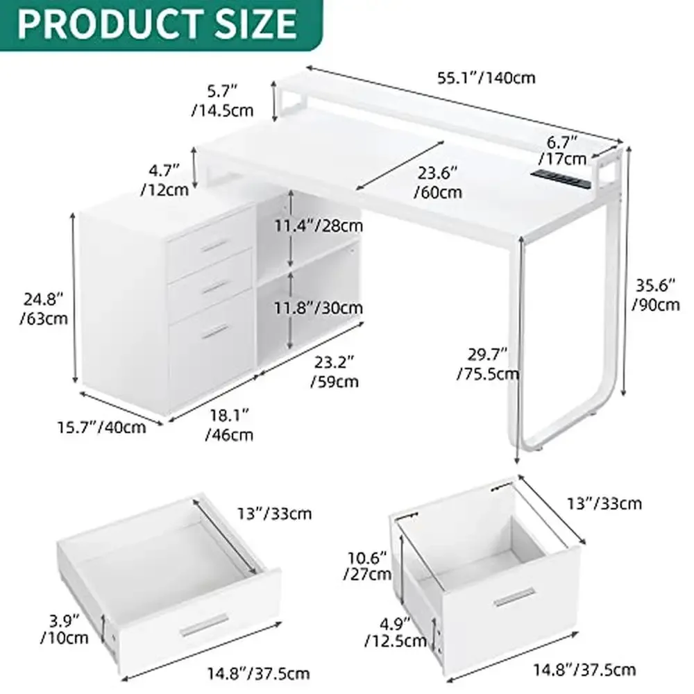 L-Shaped Desk with Power Outlets LED Lights & File Cabinet Home Office Computer Desk 55" with Drawers USB Ports & Smart RGB