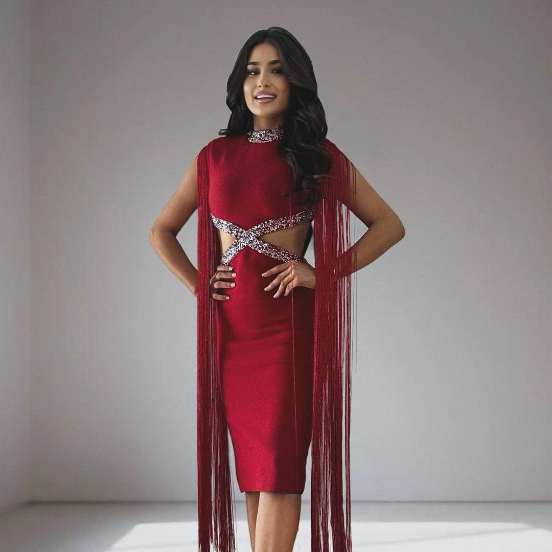 

GORAFASHION Stunning Red Dress with Fringe Sleeves and Cutout Design Sparkly Style for Formal Events and Night Parties