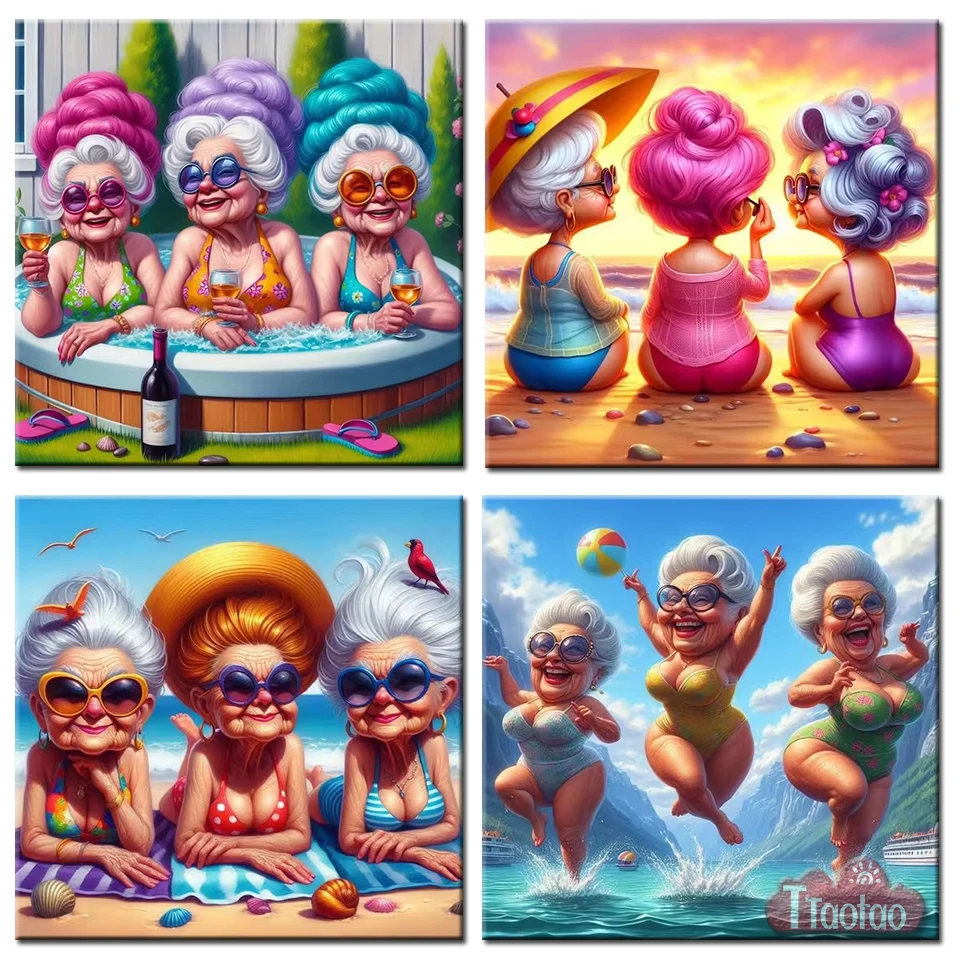 5D Cartoon Diamond Painting Cute Old Lady Swimsuit Holiday Style DIY Full Square Round Rhinestone  Mosaic Embroidery Home Decor