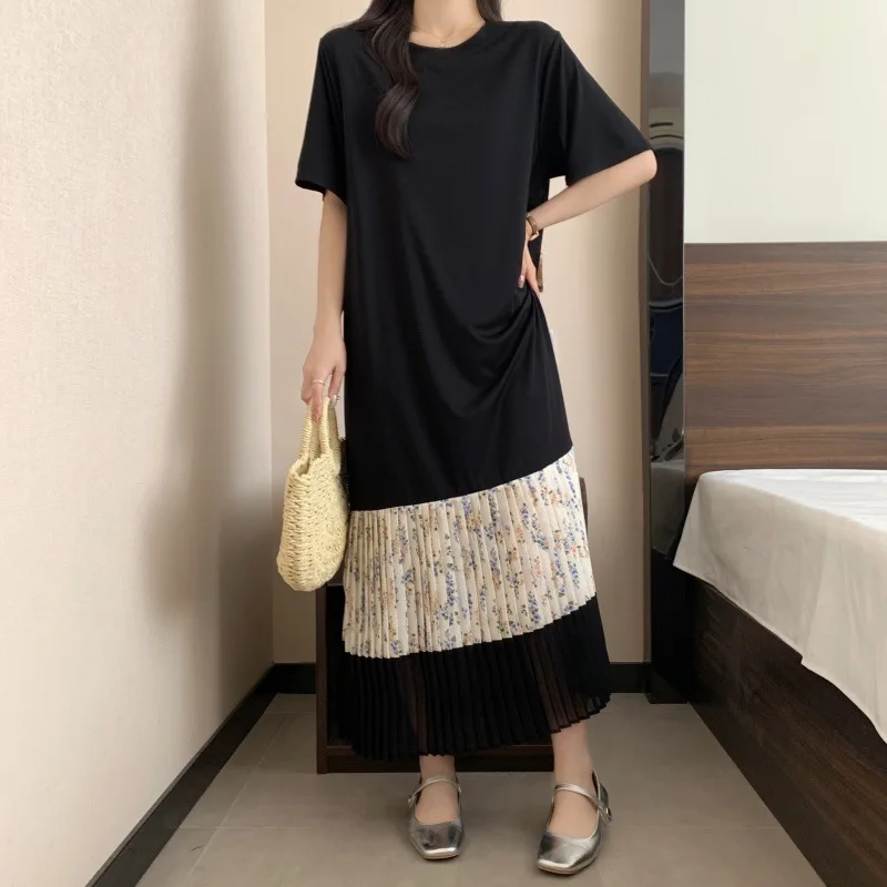 #6137 Spliced Chiffon Pleated T Shirt Dress Women Vintage O-neck False Two Piece Tshirt Dress Ladies Black Straight Streetwear