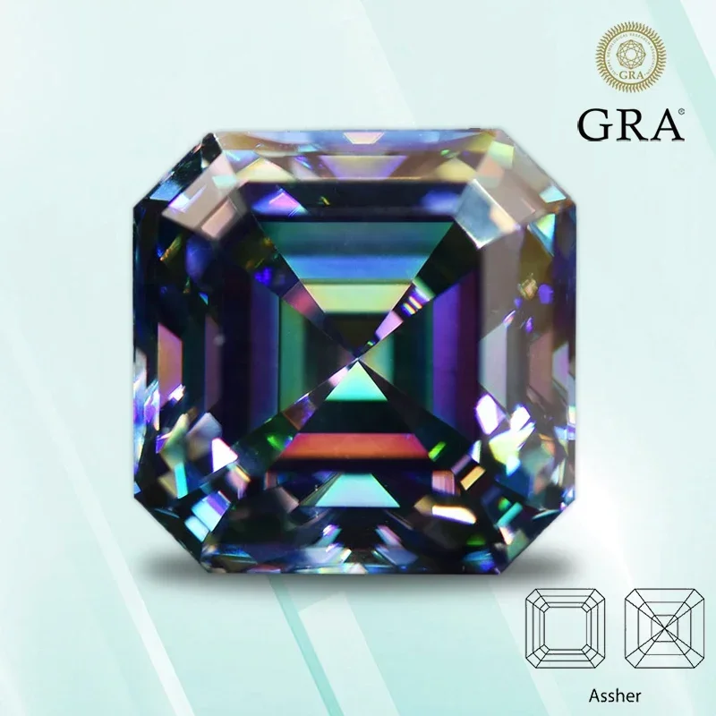 

Moissanite Stone Asscher Cut Rainbow Green Color Top Quality with GRA Certificate for Charms Jewelry Making Bracelcet Materials