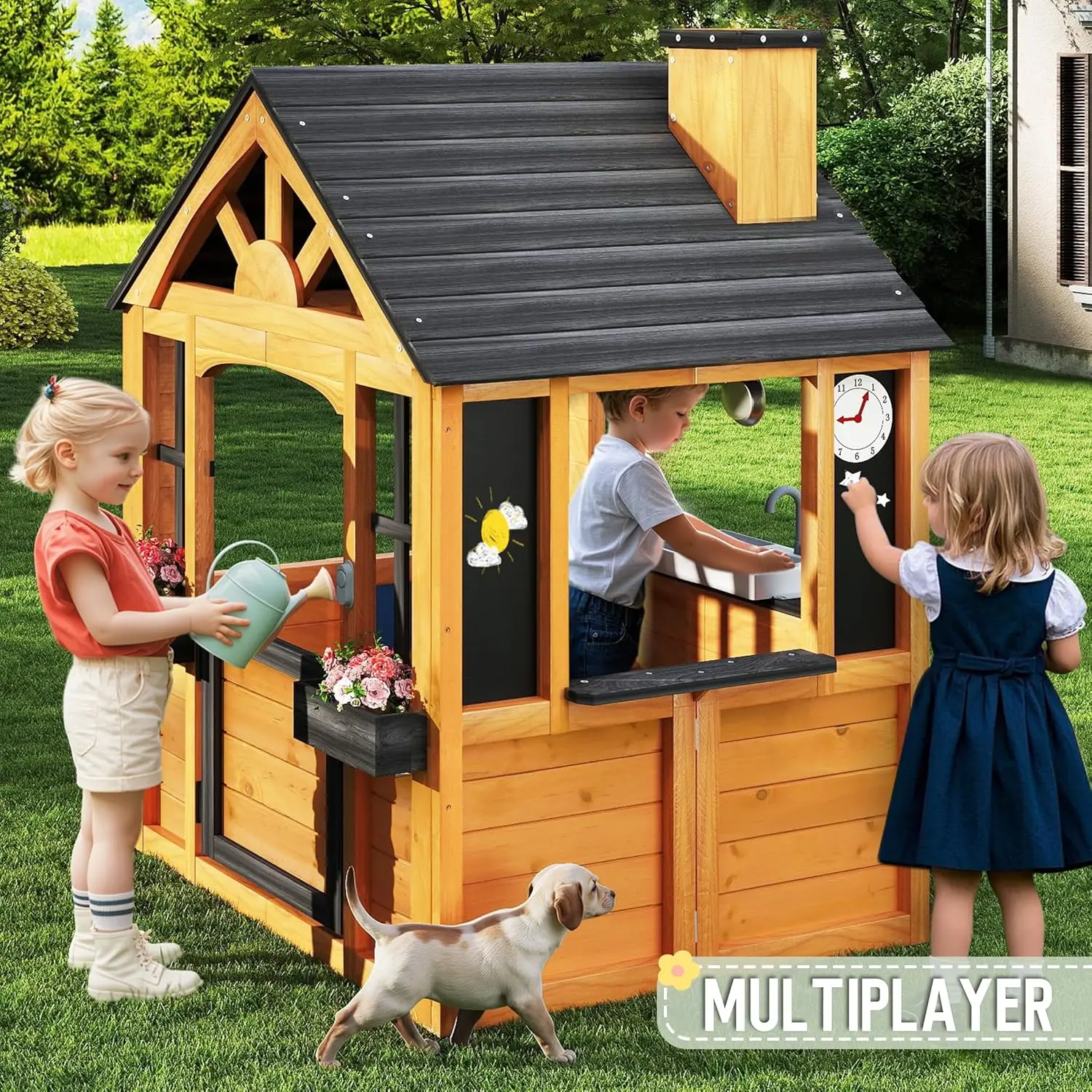 Playhouse infantil ao ar livre, casinha de madeira com cozinha, pia, fogão, panelas, janelas, suportes para vasos de flores, porta para animais de estimação, burlywood