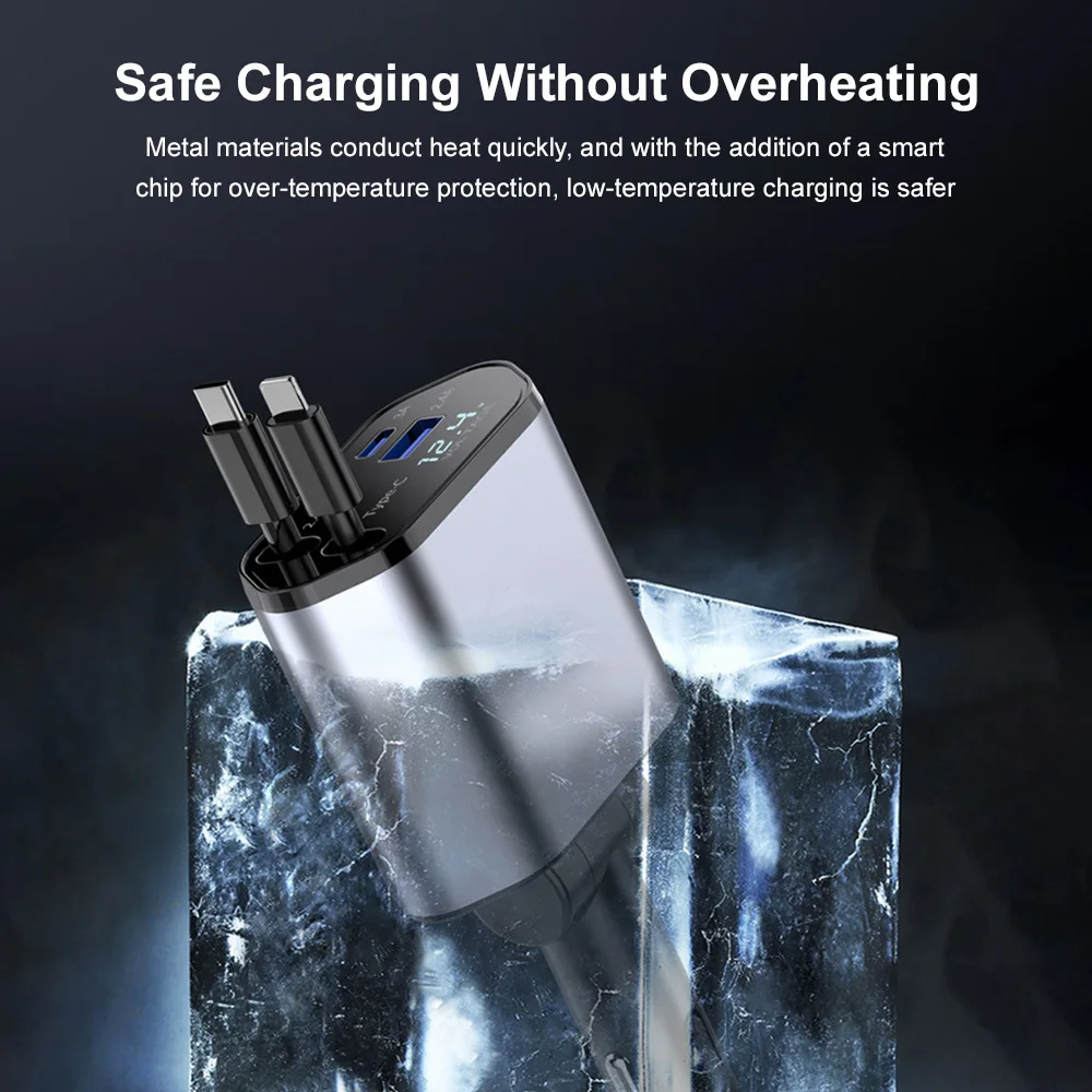3 in 1 120W Car Charger Retractable Car Cigarette Lighter Adapter USB Type C to Type C Fast Charger Cable For iPhone Samsung