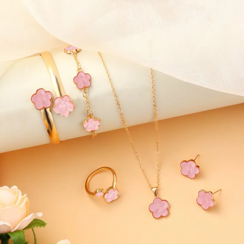 5pcs Lucky Five-petal Flower Women's Jewelry Sets Fashion Flower Bracelet/Necklace /Earrings/Bangles+Ring Sets Birthday Gifts - Image 6
