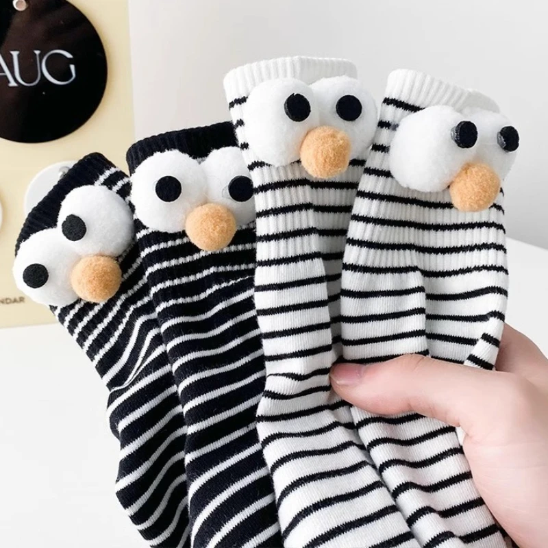 Women's Funny Cute Cartoon 3D Eyes Mid Tube Cotton Socks Black and White Stripes Personality Fashion Versatile Mid Calf Socks