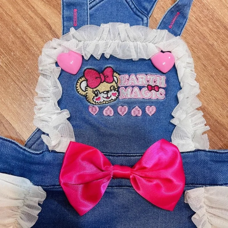 Sweet Lolita Style Denim Suspender Dress Women Kawaii Lace Patchwork Cute Bow Strap Skirt Y2k Party Ruffles Mini Dresses