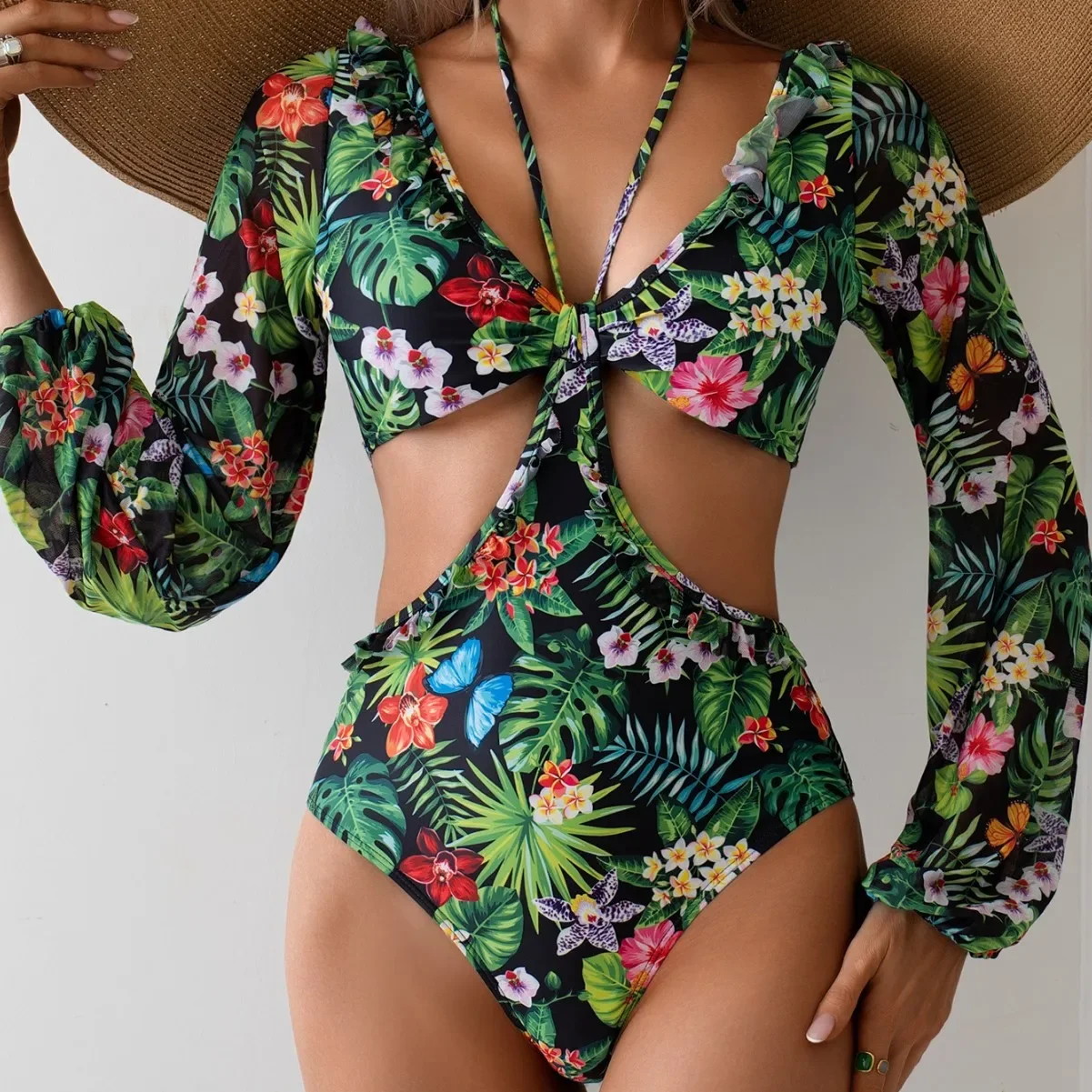 

New 2025 Backless Long Sleeve One Piece High Waist V Neck Swimsuit Bikini Flower Design Sportswear And Bag Accessories