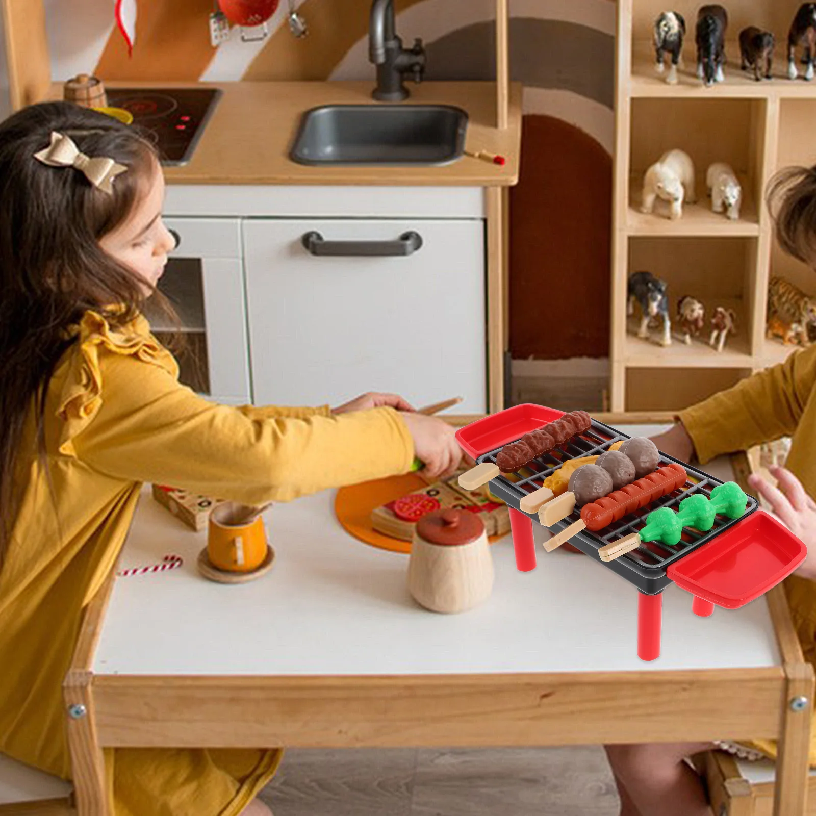 Conjunto de grelha para churrasco infantil, 20 peças, comida realista, jogo de cozinha ao ar livre, acessórios de cozinha, luz de fumaça, som