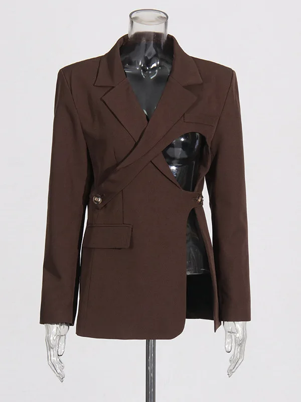 Sexy Hollow out Slit Design Women's Suit Jacket Autumn Winter Fashion High Waist Slimming Long Sleeve Mid-Length Polyester