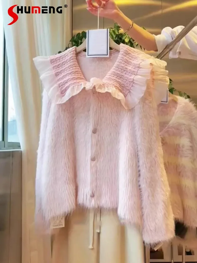 Sweet Chic Doll Collar Pink Sweaters Cardigan for Women 2023 Autumn New High-Grade Imitation Fur Furry Thick Knitted Top Female