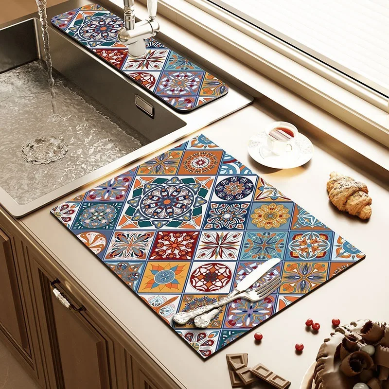 Tapis de séchage de cuisine bohème marocain, antidérapant et absorbant, pour comptoir, évier, bar à café, sous-verres