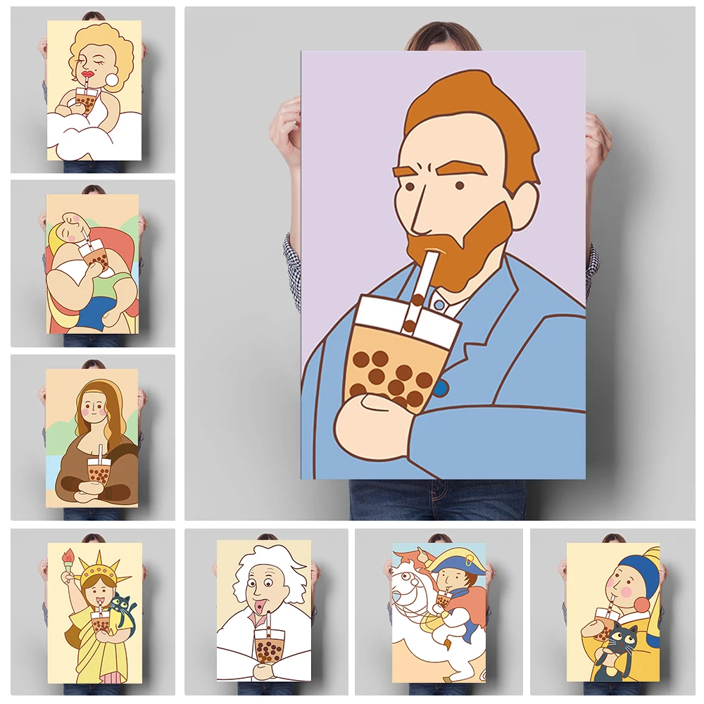 

Van Gogh Drinking Bubble Tea Cartoon Anime Poster Mona Lisa Manga Wall Art Canvas Painting Kids Room Home Decoration Mural