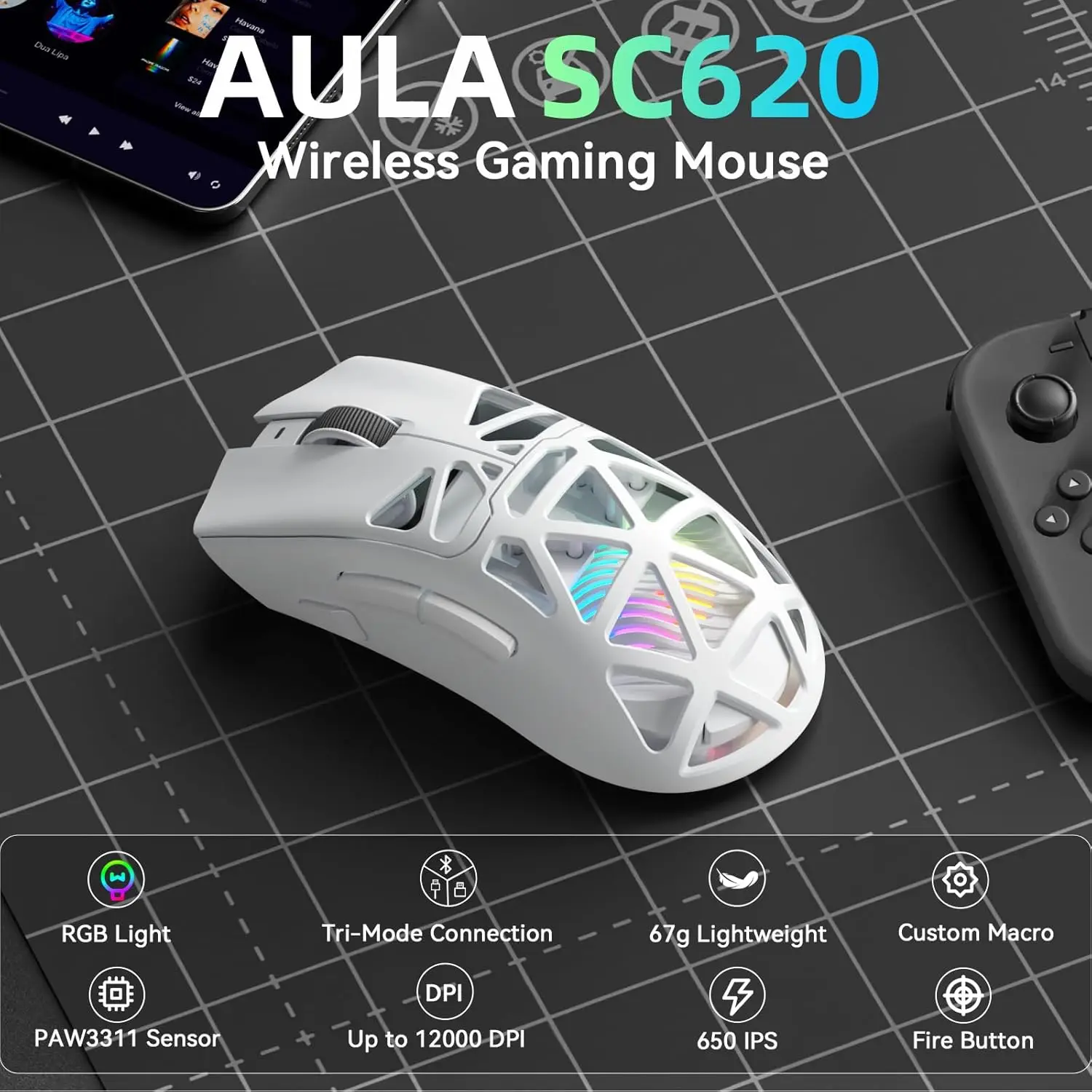AULA SC620 New Gaming Mouse Wired/Bluetooth/2.4G PAW3311 Light Weight  Adjustable 12,000 DPI Long Battery Life PC E-Sports Gamer