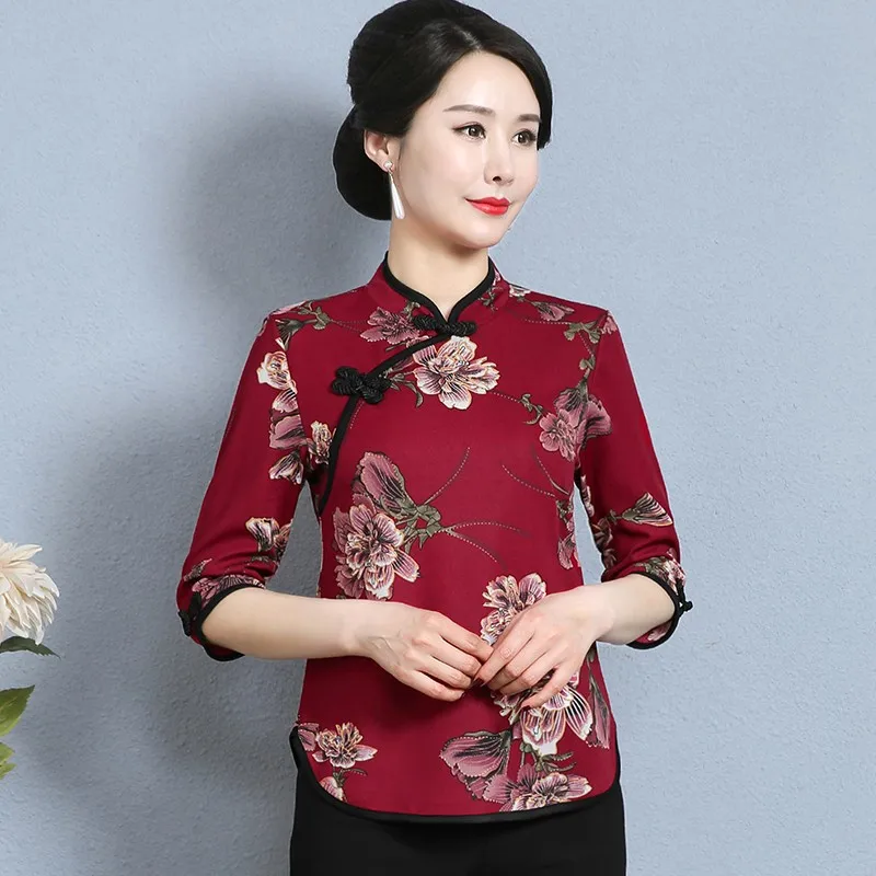 Spring and summer three-quarter sleeve Tops Women Blouse Traditional Vintage Chinese printed cheongsam collar Shirt