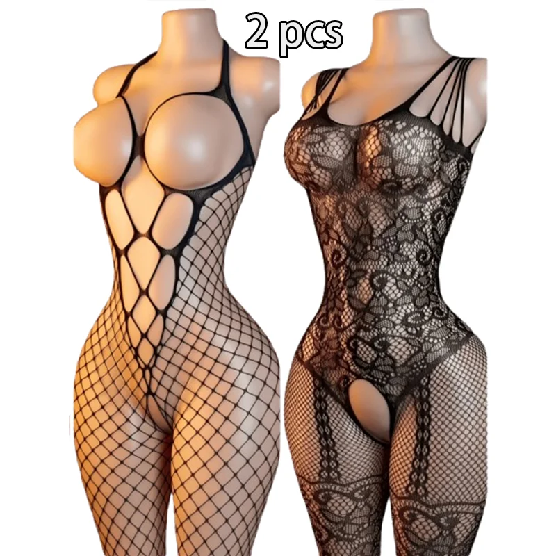 2-Piece Set – Spring/Summer Special! Sexy Women's Lingerie: Black Sheer Mesh Cut-Out Bodysuit & Open-Crotch Erotic Sleepwear