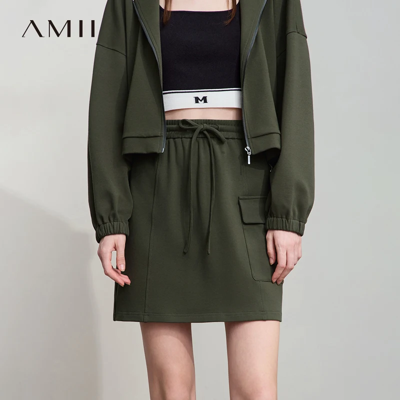 

AMII минималистичные повседневные юбки для женщин, осень 202, спортивные вязаные хлопковые юбки с завязками на талии, офисные женские мини-юбки 12543139