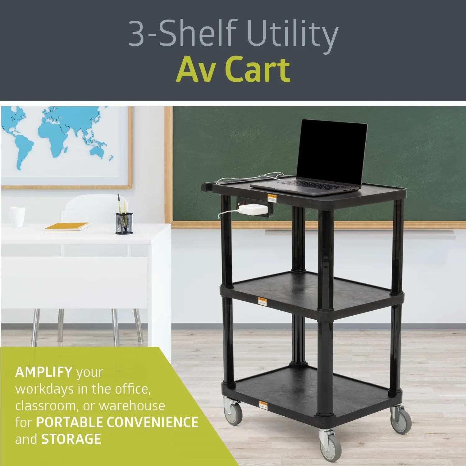 3-Shelf Mobile Utility Cart with 3 Outlets and 8' Cord, Heavy-Duty Service Cart for Offices and Warehouses with 3 Shelves, Black