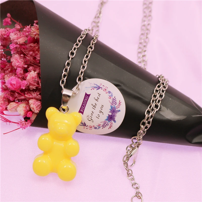 New Cute Candy Color Resin Gummy Bear Pendant Necklaces for Women&Girl Daily Hip Hop Jewelry Party Gifts Femme Bijoux