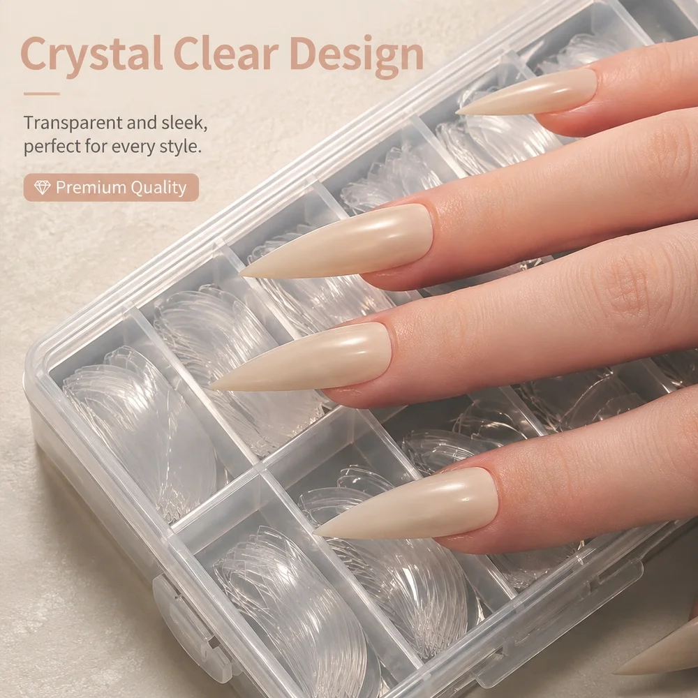 120Pcs Eagle Claw Shape False Nail Tips Box‑Packed Clear Curved Stiletto Tips 12 Sizes For Custom Acrylic Nail Art Look