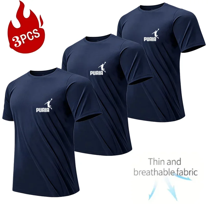 Three-piece men's summer fitness training T-shirt, breathable, quick-drying, short-sleeved top, suitable for marathon training