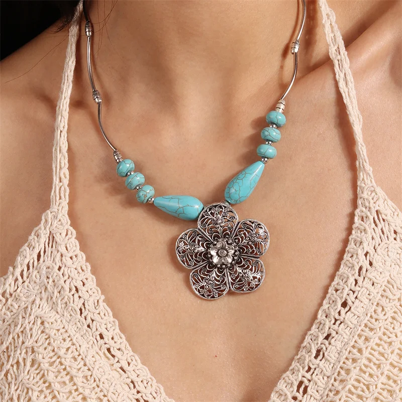 Aihua Böhmen Türkis Stein Herz Halskette für Frauen Halsband Collier Femme Ethnische Tibetischen Silber Halsketten Aussage Schmuck – Detail 8