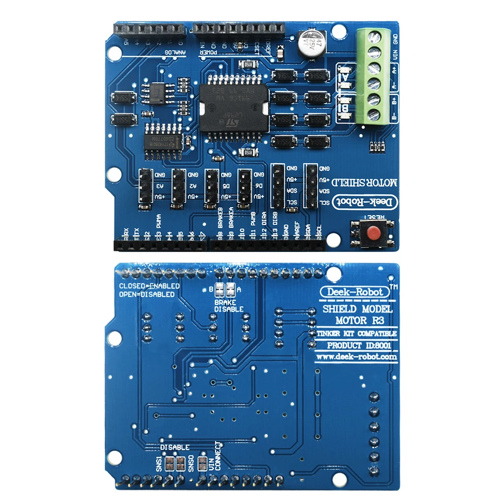 The Arduino L298P motor driver expansion board can be directly plugged into Arduino UNO, Leonardo, and Mega2560 boards for use