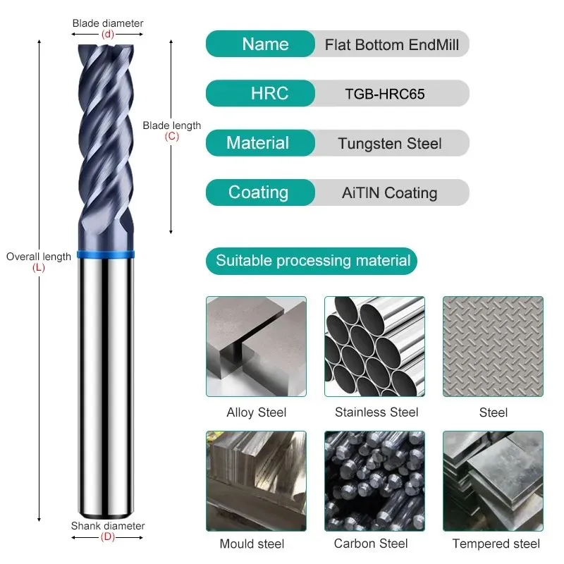 YIFINO TGB-HRC58 4-Flute Anneau Bleu Carbure De Tungstène En Acier pio Astronomique Fraise CNC Usinage Mécanique Fin Outils